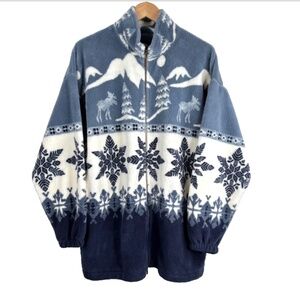 VTG 90s Alps Fleece Jacket L Moose Snowflake Fair Isle AOP Oversized Christmas